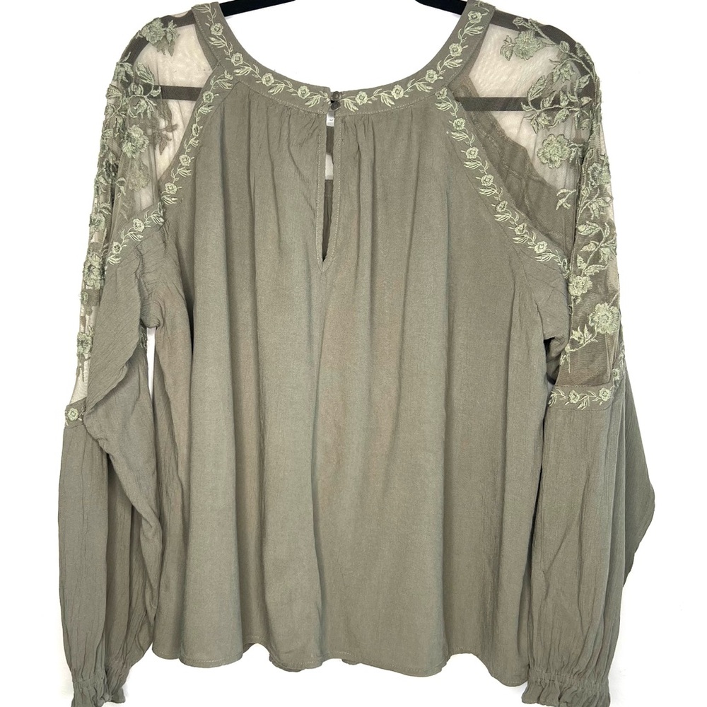 American Eagle Outfitters Boho Long Sleeve Embroidered Olive Green Top SZ XXL - Picture 5 of 8